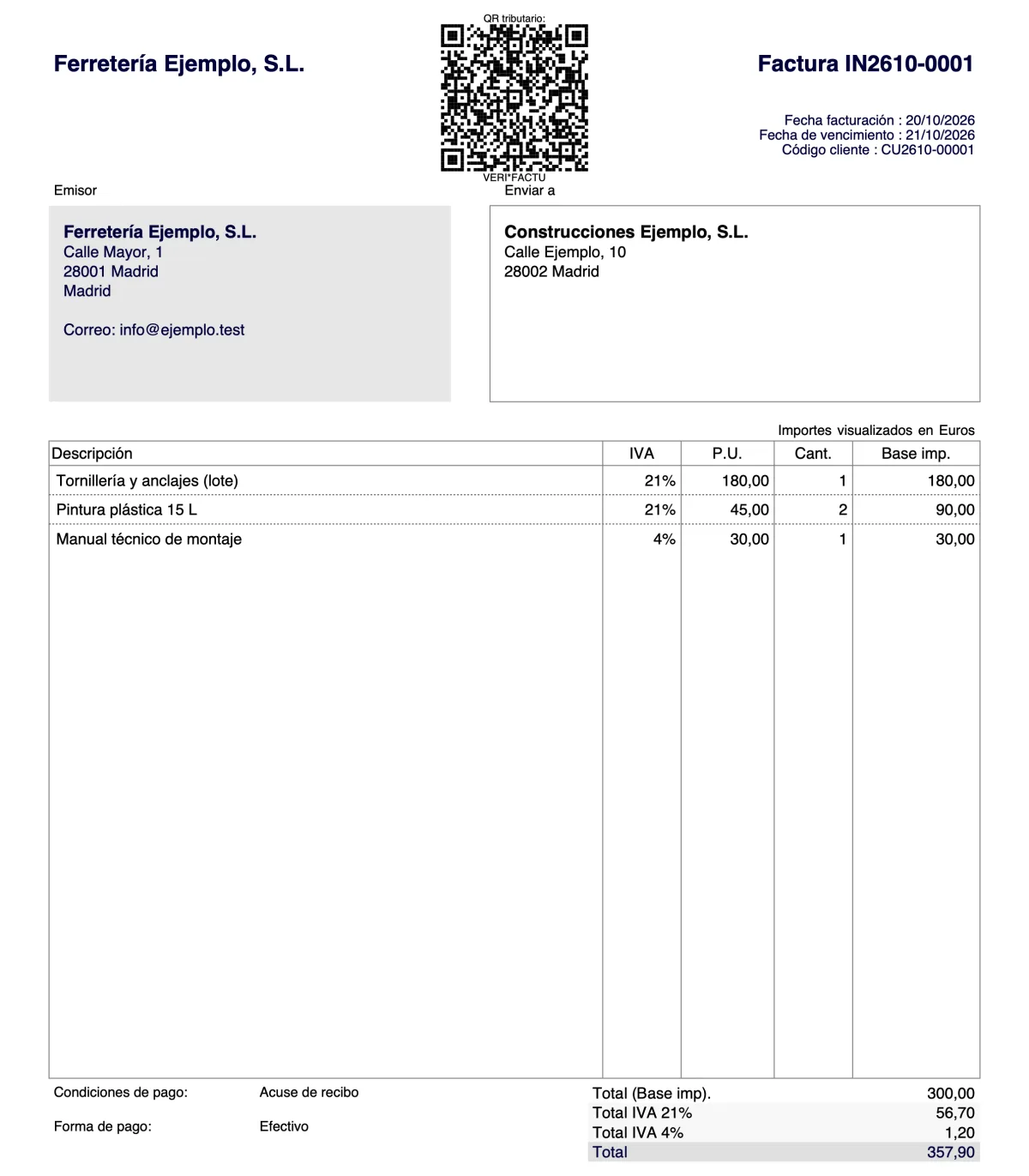 Factura de Dolibarr con el código QR VERI*FACTU centrado en la cabecera