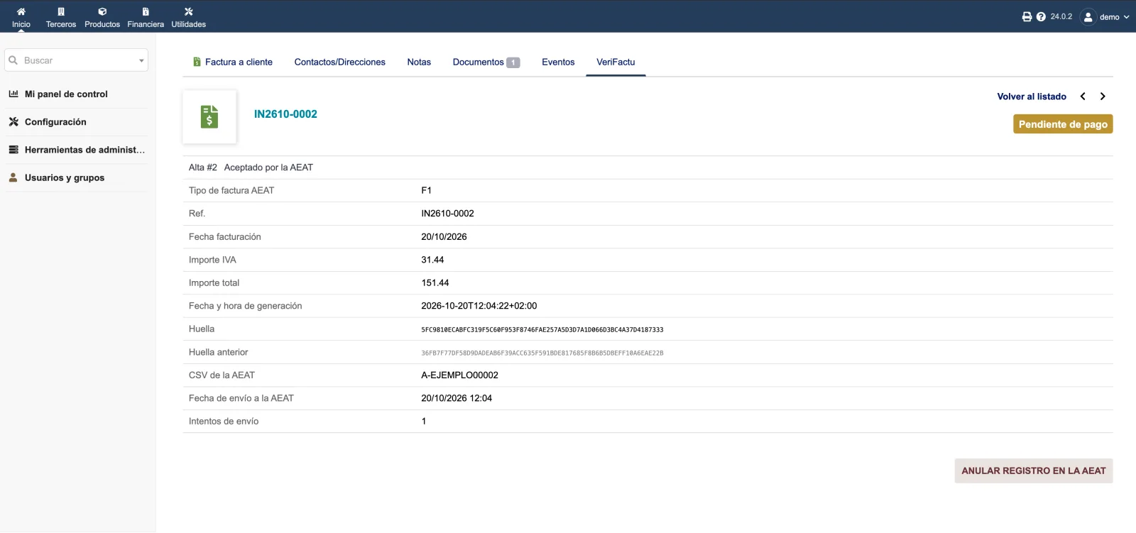 Pestaña VeriFactu de una factura aceptada por la AEAT, con CSV y huella
