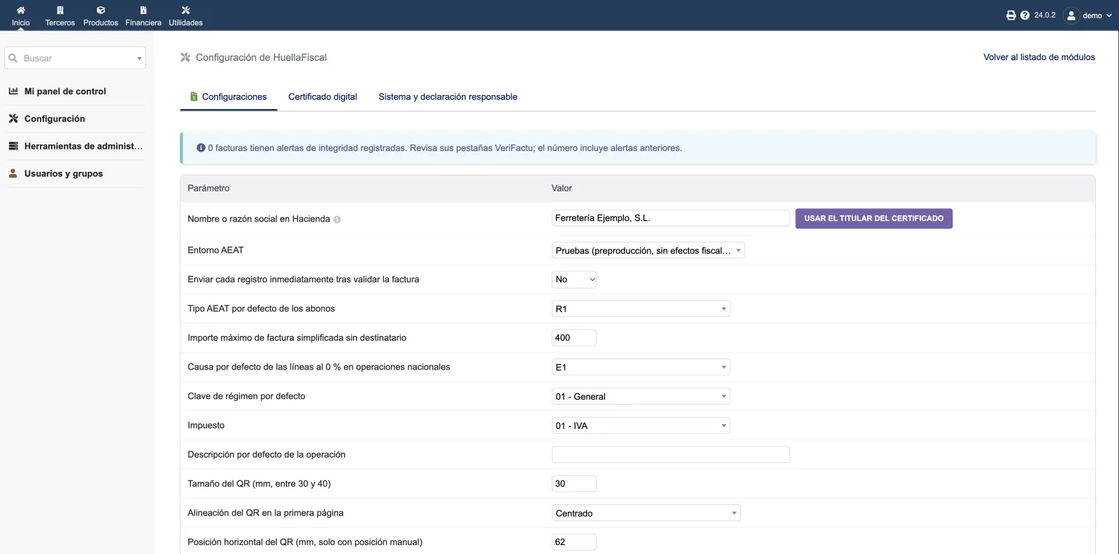 Pantalla de configuración del módulo HuellaFiscal