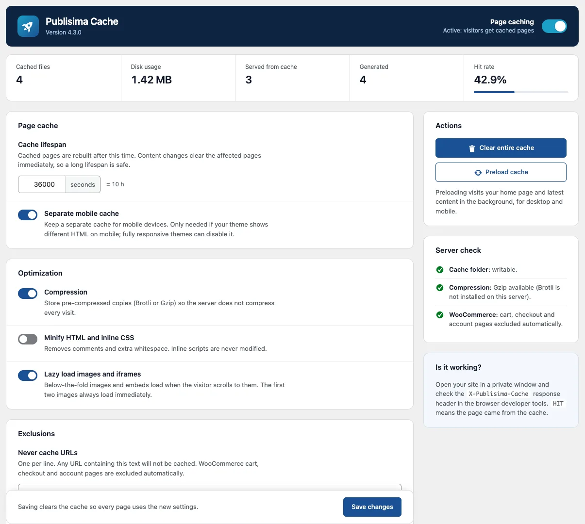 Página de ajustes de Publisima Cache con estadísticas de caché, opciones de optimización y comprobación del servidor